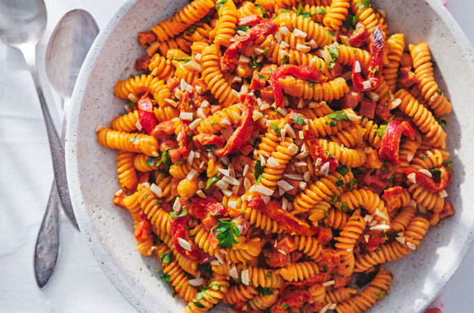 Pasta Salad with Chorizo and Romesco Sauce
