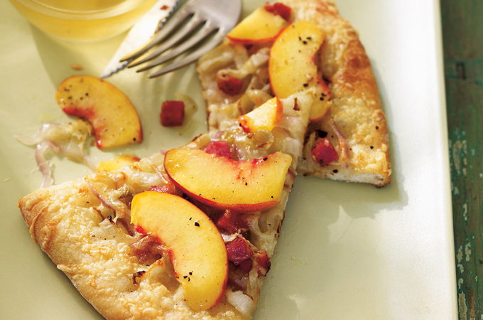 Endive, Peach, and Sausage Pizza