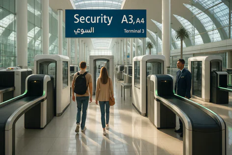 Travelers approach security screening machines in a bright, spacious airport terminal with a large overhead "Security A3, A4 Terminal 3" sign.