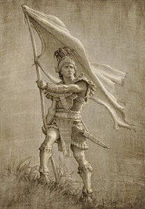 Drawing of Captain Moroni holding the title of liberty.