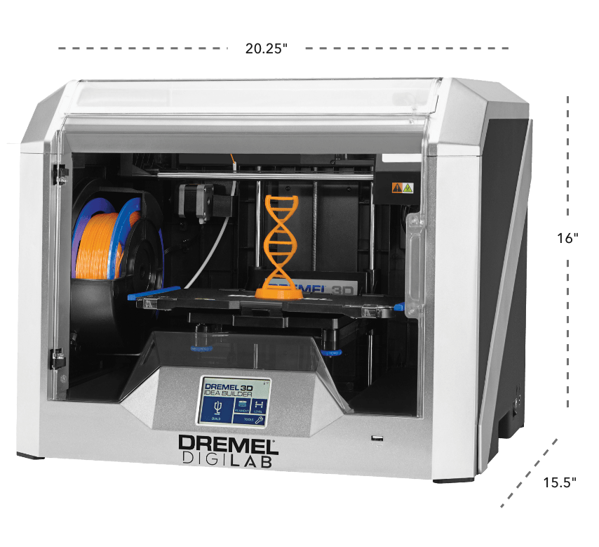 Image of 3D40-FLX 3D printer at three quarter angle with dimension in height, length and width