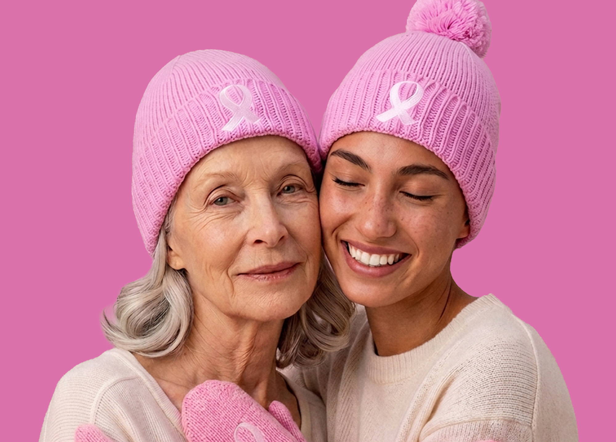 Two generations wearing pink Pink Ribbon beanies and mittens