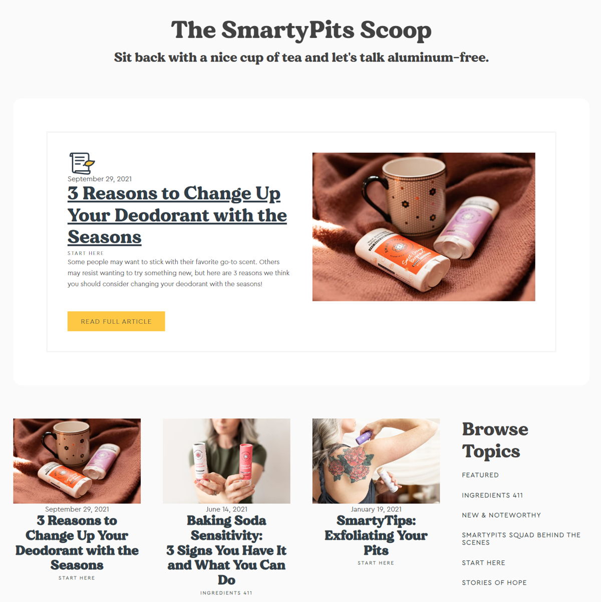 Screenshot of The SmartyPits Scoop, from the shopify blog examples collection.