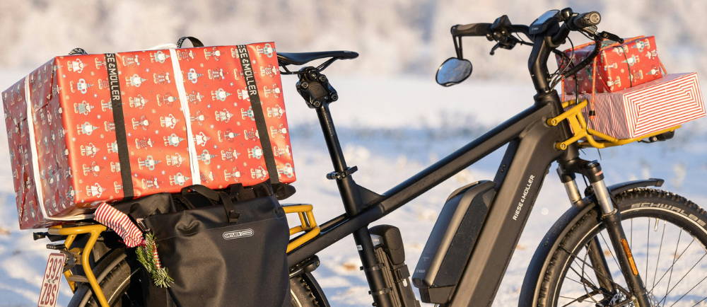 Riese & Müller electric bike with gifts and Ortlied panniers