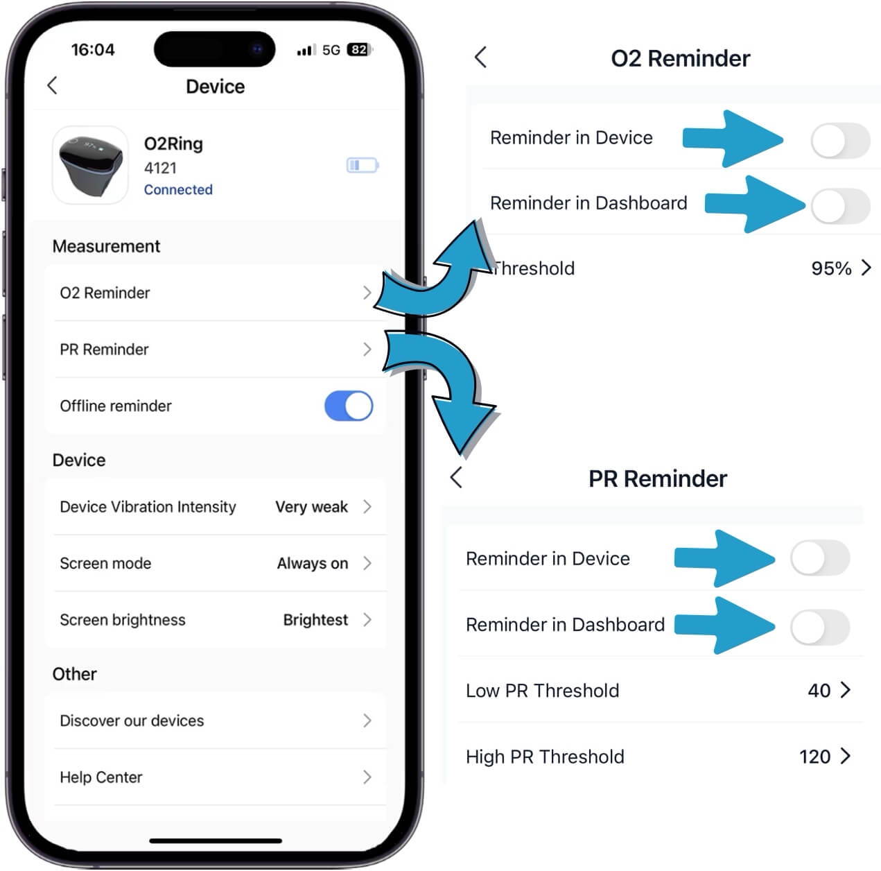 Tableau de bord de l'application O2Ring et paramètres de l'appareil avec bascule de rappel hors ligne