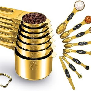 LIFETOWE Gold Measuring Cups and Spoons Set of 15, 18/8 Stainless Steel, Includes 7 Nesting Metal Measuring Cups,8 Magnetic Measuring Spoons set - Ideal Kitchen Gadgets for Cooking and Baking Needs