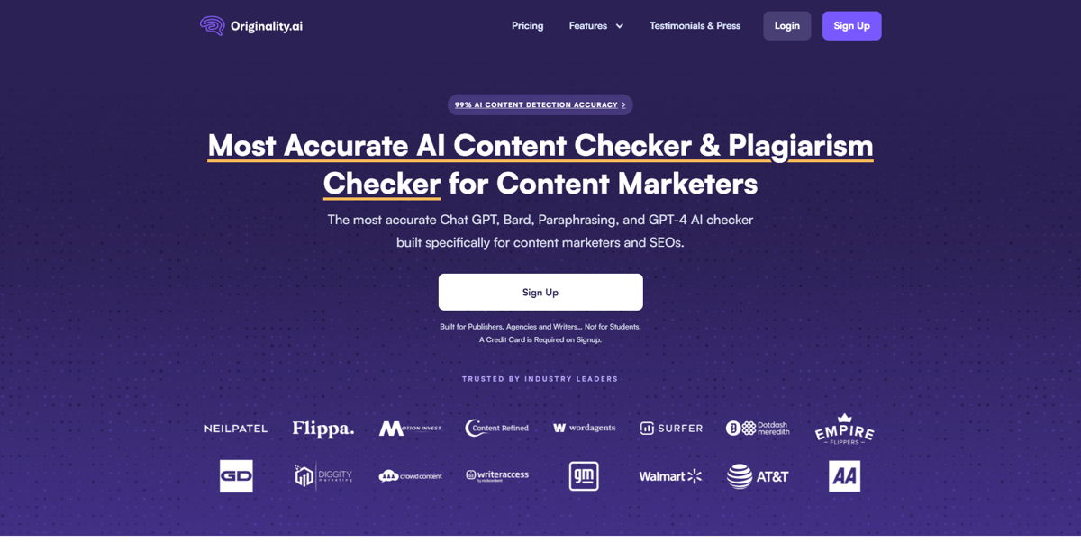 Screenshot of Originality.AI, from the saas websites collection.
