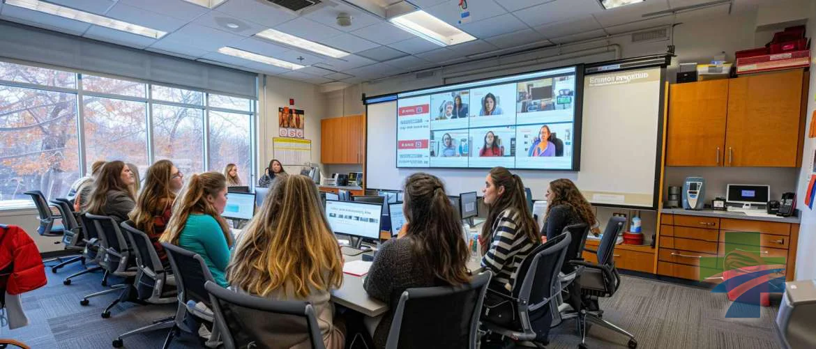 Nursing students engaging with modern digital tools and social media in a classroom.