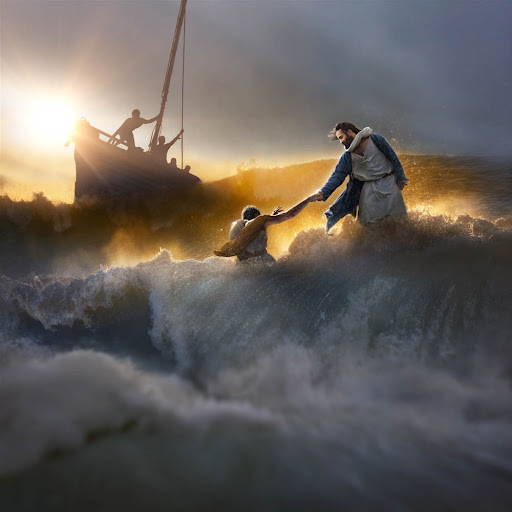 Jesus saving Peter from the stormy waves.