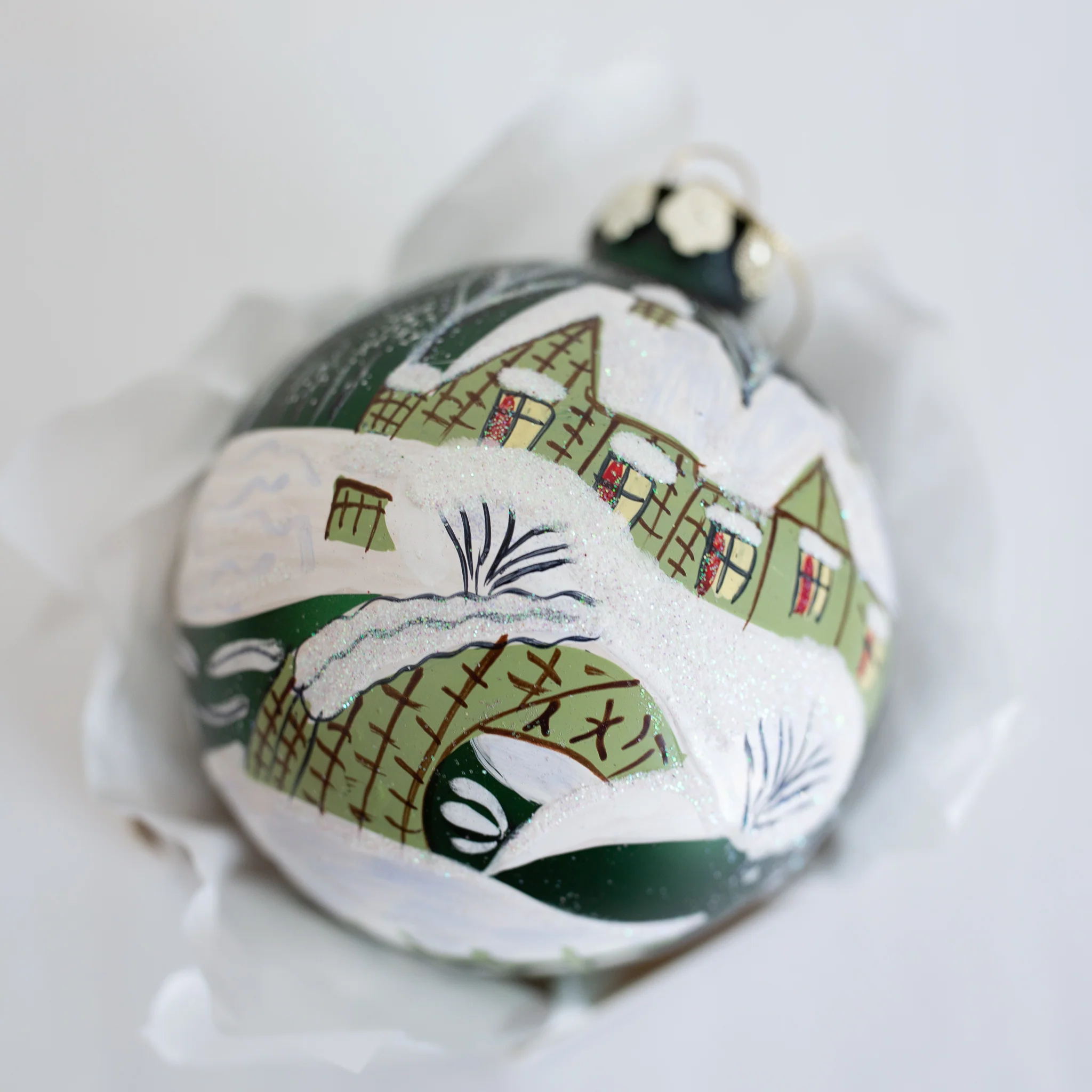 100mm Hand Painted Green Village Personalised Christmas Bauble