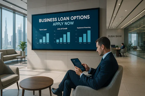 Businessman in bank lobby looking at tablet. Screen behind displays business loan options and charts. Dubai city skyline is visible.