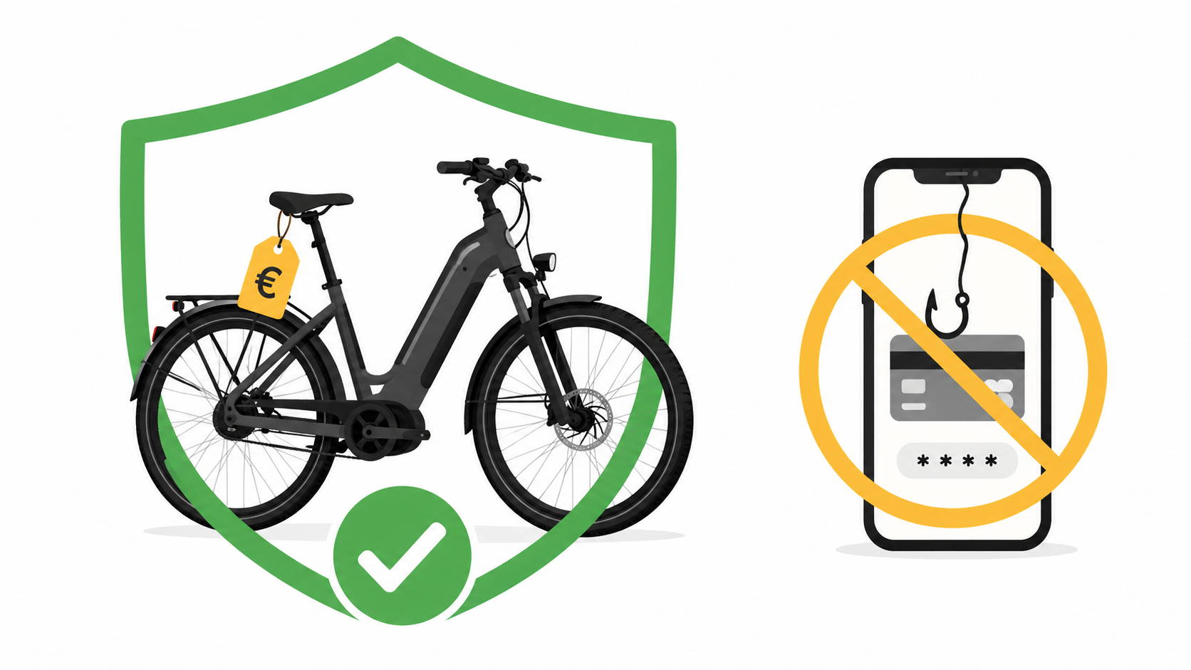 Minimalistische illustratie van een e-bike in een groen veiligheidsschild met vinkje, naast een smartphone met geblokkeerde phishinghaak en betaalfraude-symbool.