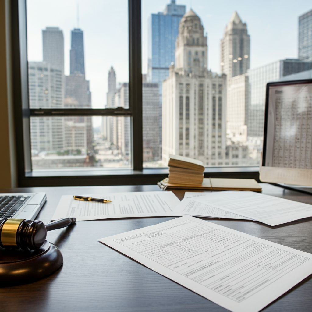 A professional attorney's desk in a Chicago law office with real estate closing documents spread out, including HOA transfer paperwork and fee schedules. A billing statement showing typical legal fees for real estate transactions is visible, with the Chicago skyline partially visible through the window.