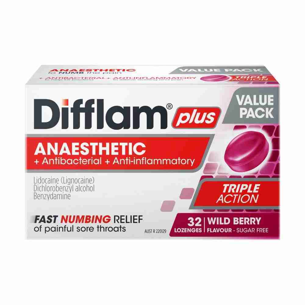 Difflam Plus Anaesthetic Sore Throat Triple Action Lozenges Berry Flavour Value Pack 32 Lozenges - Image 3
