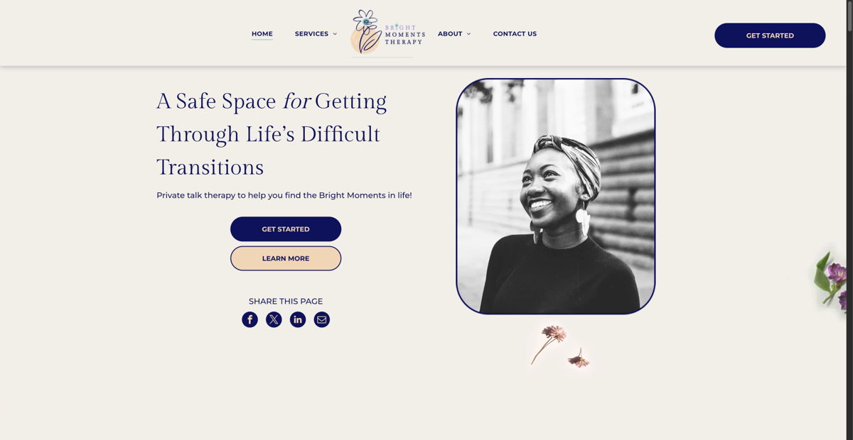 Screenshot of Bright Moments Therapy, from the therapist websites collection.