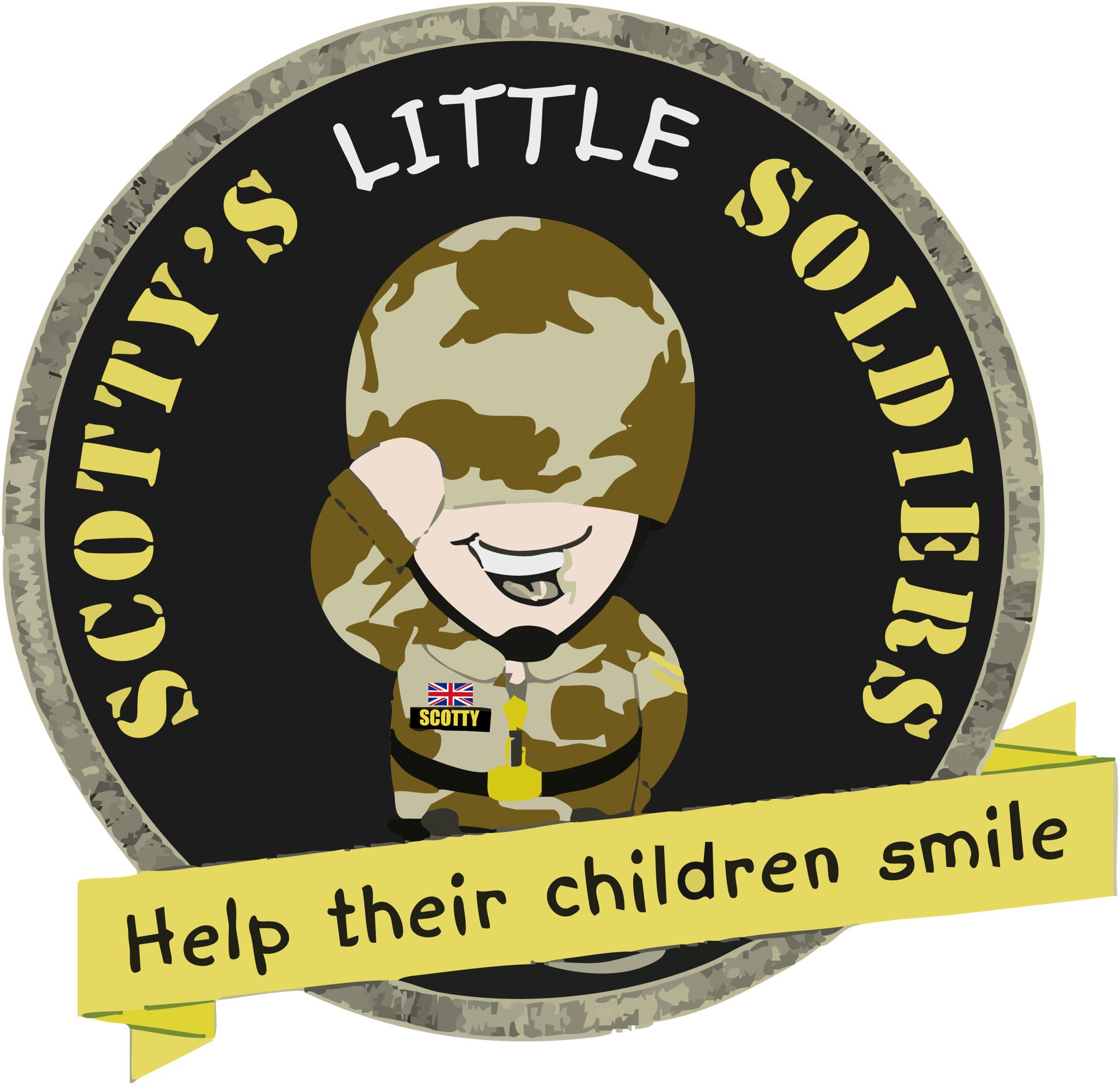 A cartoon soldier in camouflage salutes. The words SCOTTYS LITTLE SOLDIERS encircle the soldier. A yellow banner below reads Help their children smile. The soldier has a patch with a UK flag and SCOTTY on it.