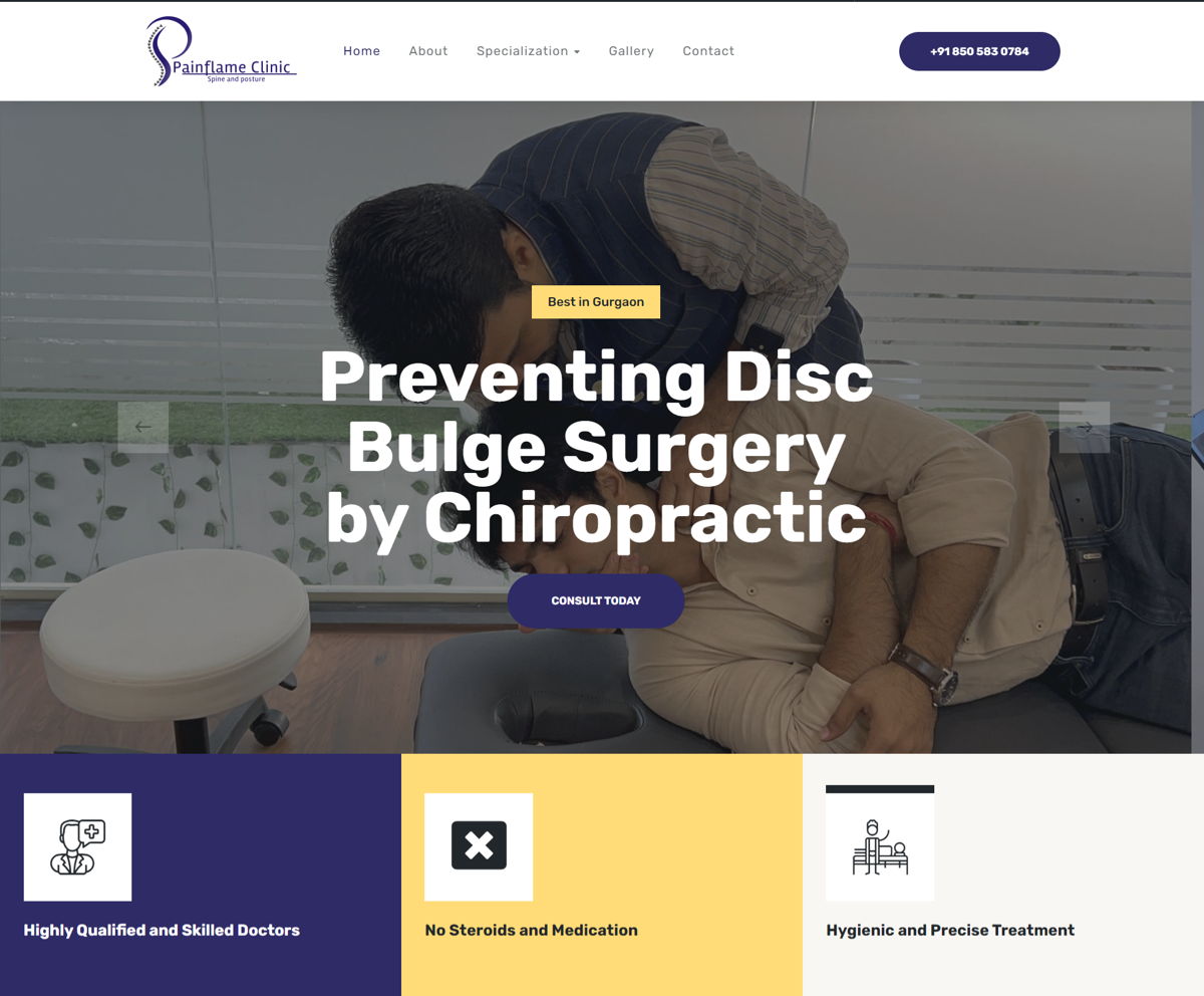 Screenshot of Painflame Clinic, from the chiropractor websites collection.