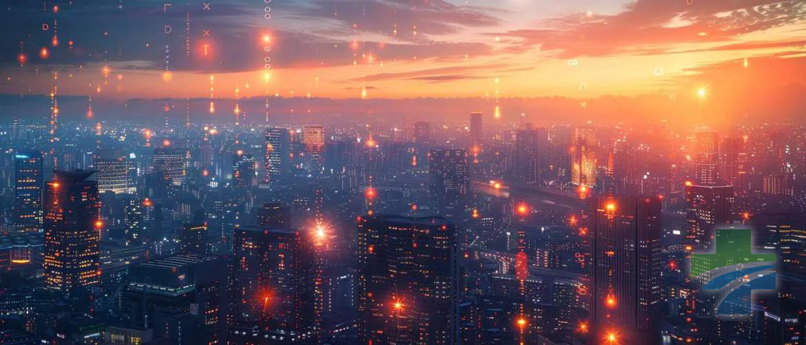 Futuristic city symbolizing the growth of touchless tech in healthcare