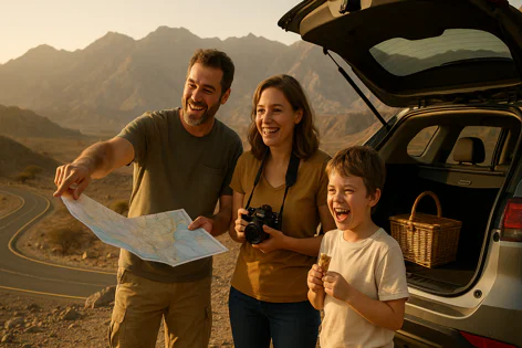 A smiling family looking at a map near their open car trunk with a picnic basket, in a warm, mountainous desert landscape at sunset.