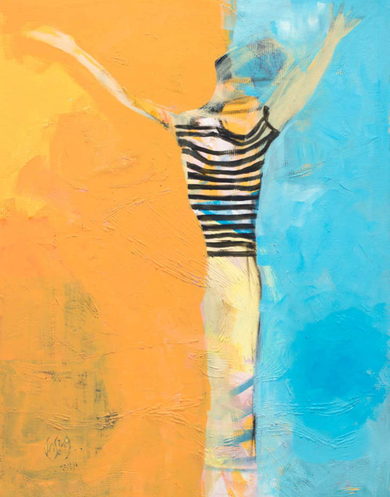 Abstract painting of a person with their arms oustretched toward the sky. The image is divded in half by warm and cool colors. 