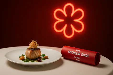 Gourmet dish with seared fish, crispy garnish, and colorful sauces on a plate, next to the rolled Michelin Guide Dubai 2025, with a red neon Michelin logo.
