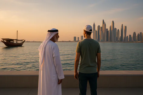 An older man in traditional white dress and a younger man look at a modern city skyline and a dhow boat across the sea during golden hour.