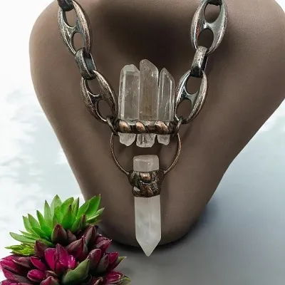 Clear Quartz Points Crystal Pendant - Includes Copper Chain