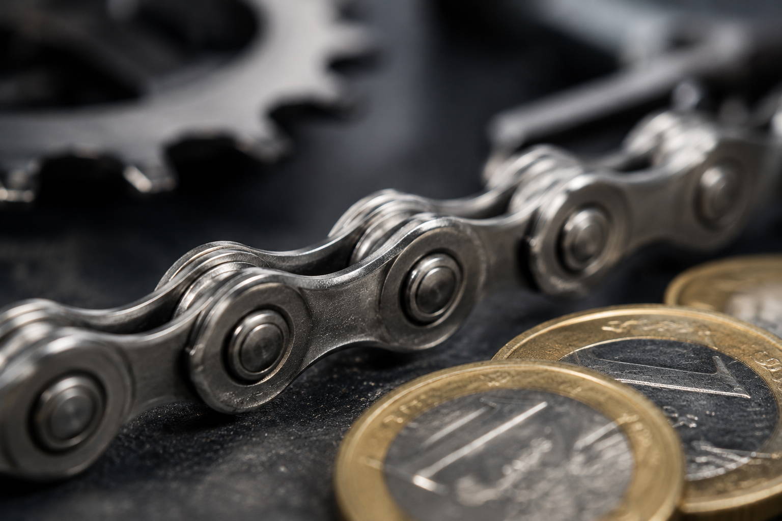 Close-up van een nieuwe ketting voor een elektrische fiets met euromunten als symbool voor de kosten van een e-bike ketting vervangen.