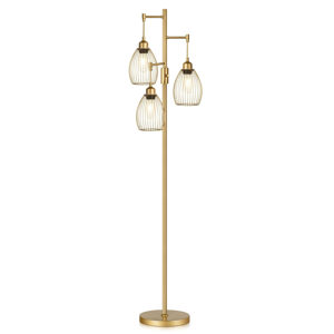 Dimmable Industrial Floor Lamps for Living Room, Gold Tree Standing Tall Lamps with 3 Elegant Teardrop Cage Head & 800 Lumens LED Bulbs for Bedroom Office