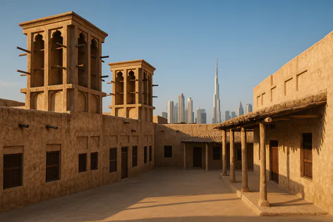 Traditional beige buildings with wind towers and a courtyard in Dubai's historic area, contrasted with the modern city skyline including Burj Khalifa.