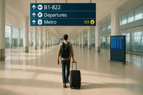 Person with backpack and suitcase walks toward B1-B22 departures and Metro sign in a spacious airport terminal.