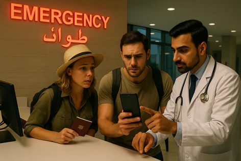 Doctor in white coat shows a concerned couple, one holding a passport, something on a mobile phone near an emergency room sign in a hospital.