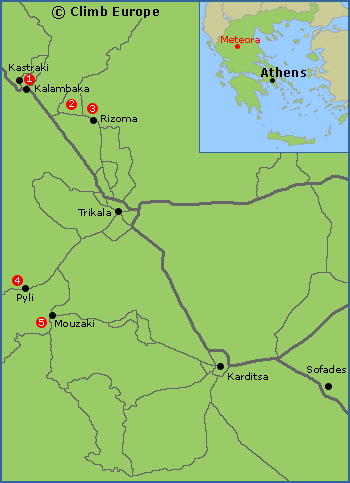 Map of the rock climbing areas around Meteora