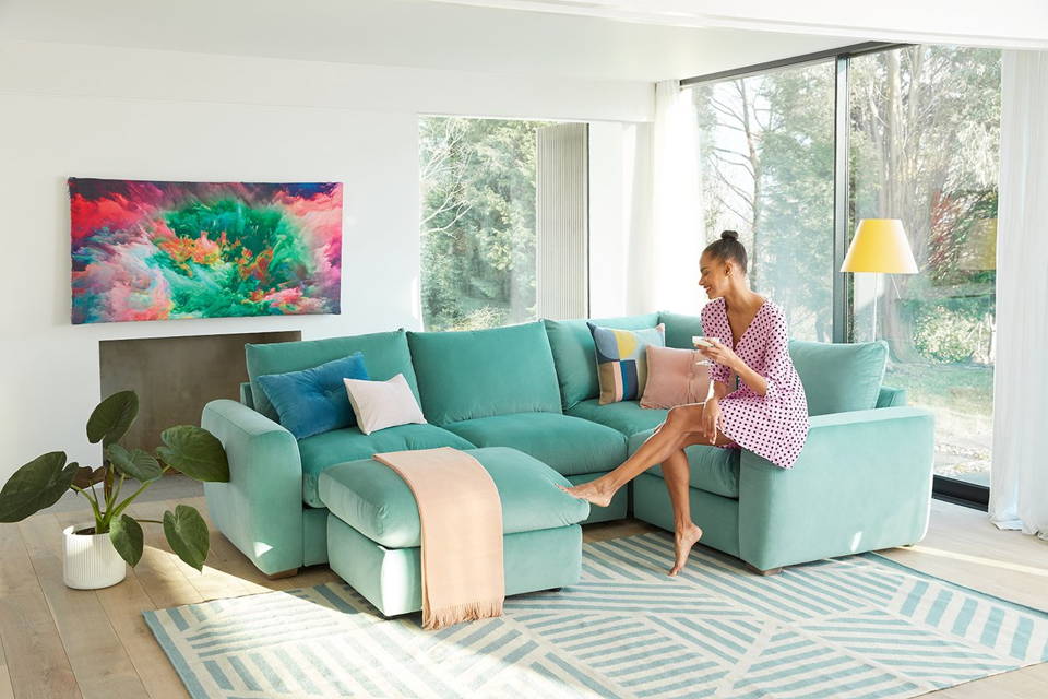 Teal Corner Sofa with Footstool Set