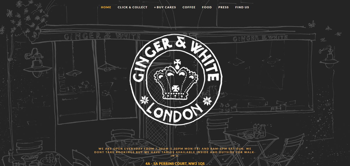 Screenshot of Ginger & White London, from the cafe & coffee shop websites collection.