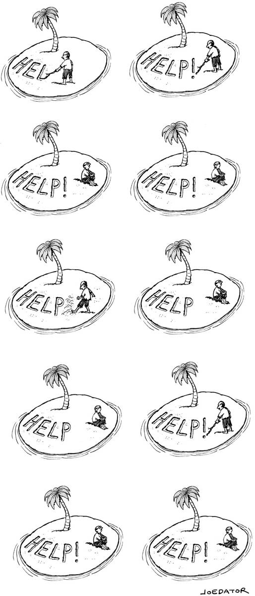 Man stranded on island writing HELP then erasing the exclamation point and then adding it again.
