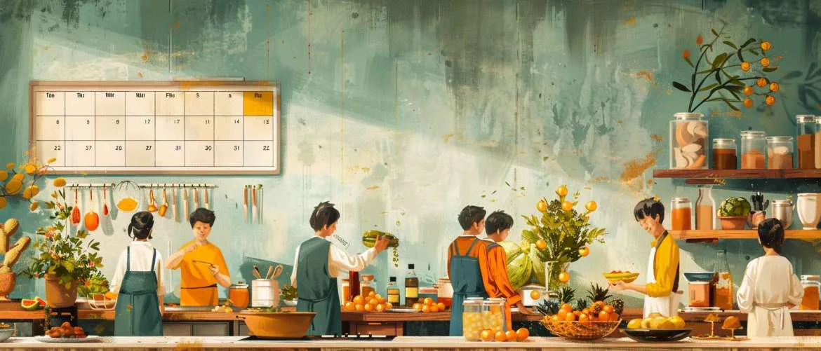 Illustration of a whimsical, busy kitchen scene emphasizing meal prep and planning
