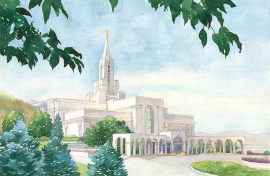 Detailed painting of Bountiful Temple on a clear day.