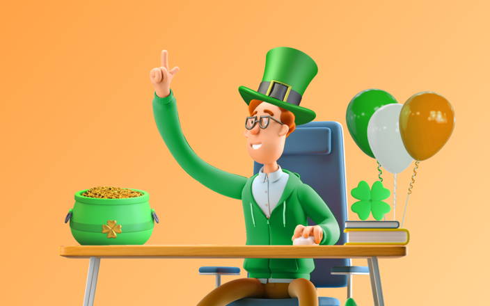 A 3d cartoon employee wearing a green top hat sitting at their desk next to a pot of gold for Confetti's Virtual Team Trivia Games