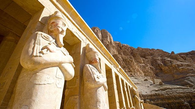 Impressive statues at the Temple of Hatshepsut, Luxor, Egypt