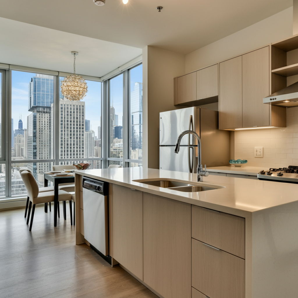 A stylish Streeterville condominium kitchen with modern finishes, where marketing materials show average days on market statistics. The contemporary space features quartz countertops, stainless steel appliances, and a breakfast bar with views of Navy Pier, illustrating the neighborhood's modern appeal.