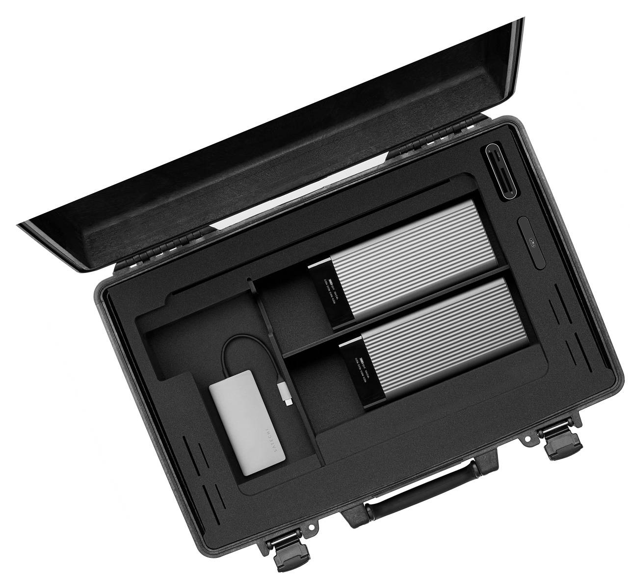 iworkcaes digicase opened showing inlay design with battery and hard drive