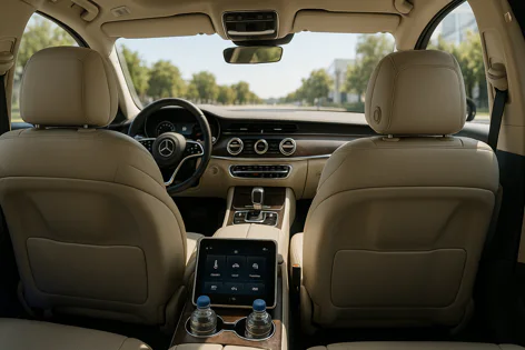 Interior view from the rear seats of a modern car, showing tan leather seats, dashboard, steering wheel, center console with touchscreen display and wood trim.
