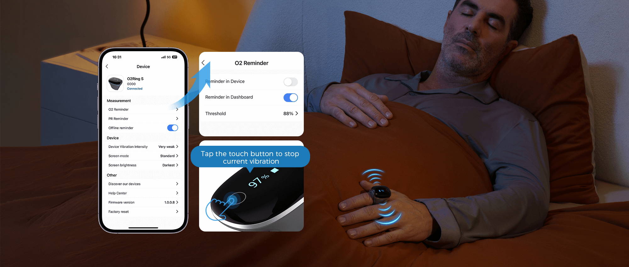 Wellue O2Ring-S ring oximeter monitoring sleep oxygen and heart rate with mobile and PC report visualization