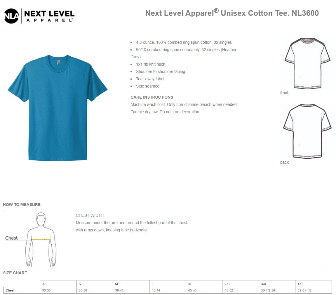 Next Level 3600 Wholesale Price Chart