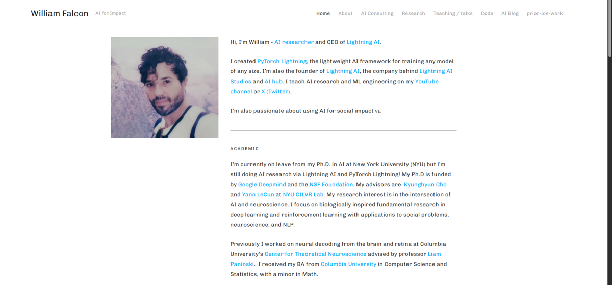 Screenshot of William Falcon, from the software engineer portfolios collection.