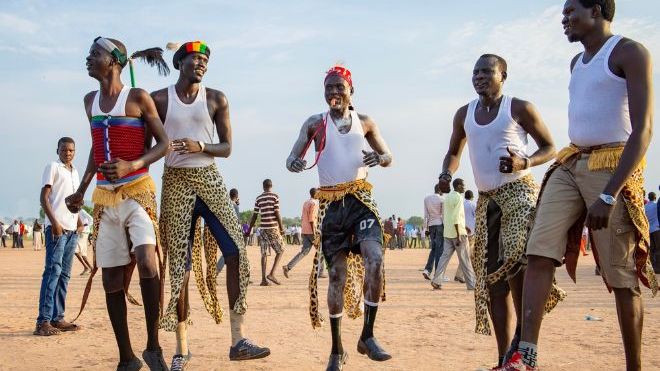 JUBA, SUDAN -Members of the Dinka tribe participate in a traditional celebratory dance during Independence day on July 9, 2015