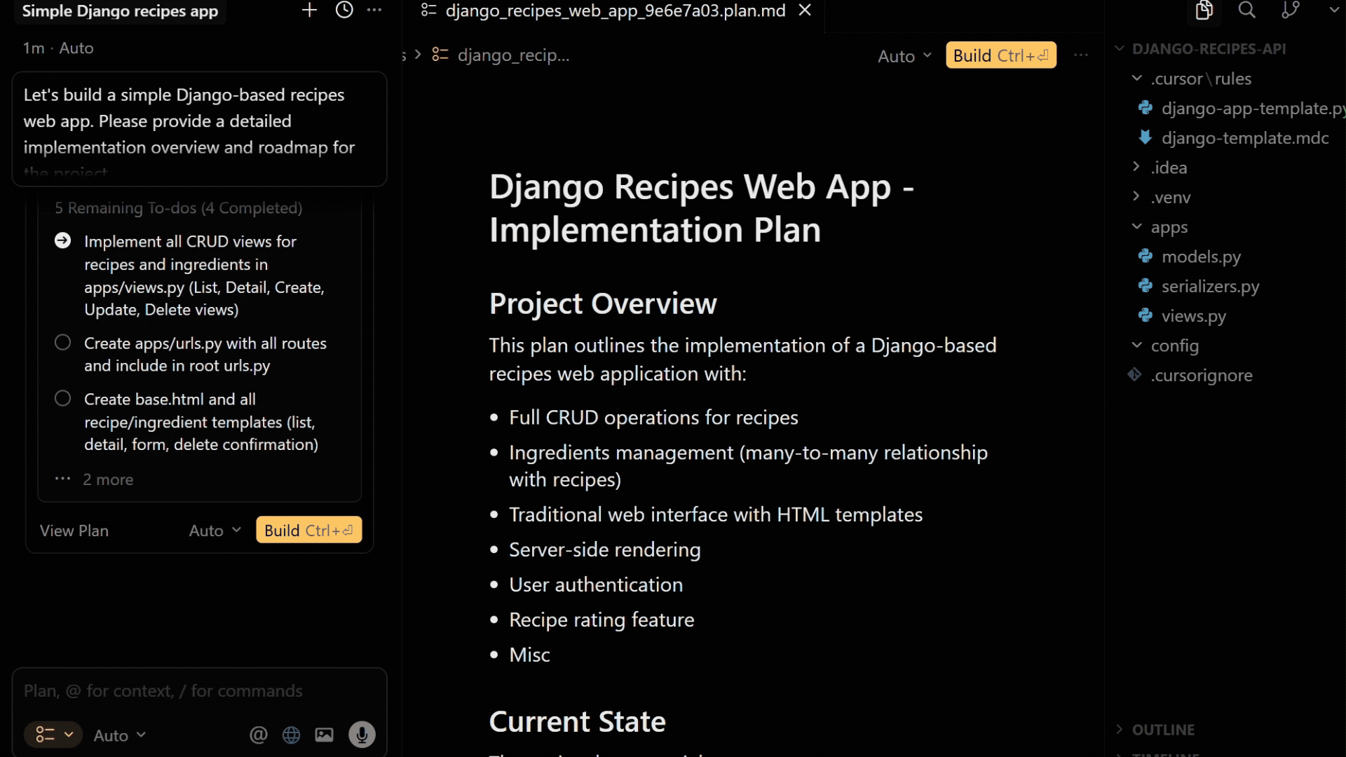 Cursor Agent building Django Recipes app from plan