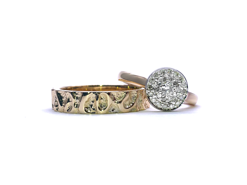 textured men's ring duo and women's ring halo diamond