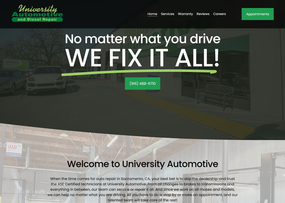 Screenshot of University Automotive, from the auto repair websites collection.